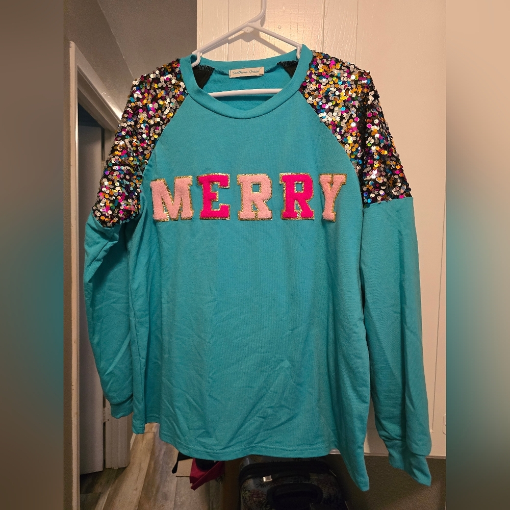Southern Grace Turquoise 'MERRY' Sequin Shoulder Sweatshirt